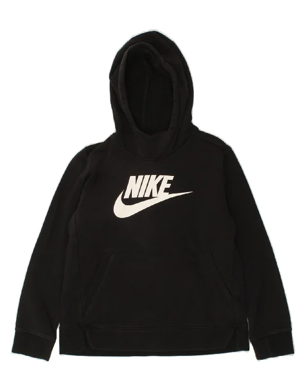 men's long sleeve hoodies -NIKE Girls Standard Fit Graphic Hoodie Jumper 12-13 Years Large  Black