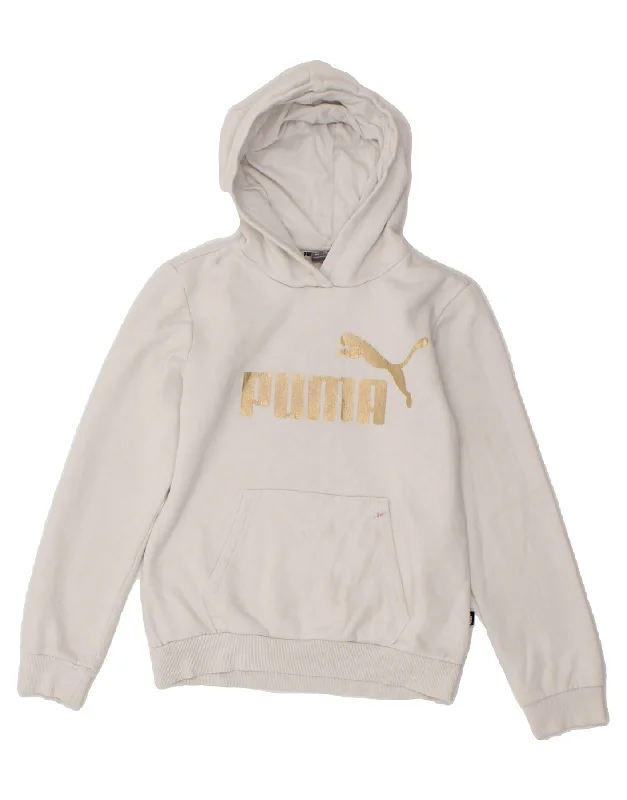 men's hoodie for cold weather -PUMA Girls Graphic Hoodie Jumper 11-12 Years White Cotton