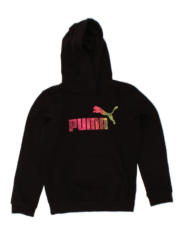 men's colorful hoodies -PUMA Girls Graphic Hoodie Jumper 8-9 Years Medium Black Cotton