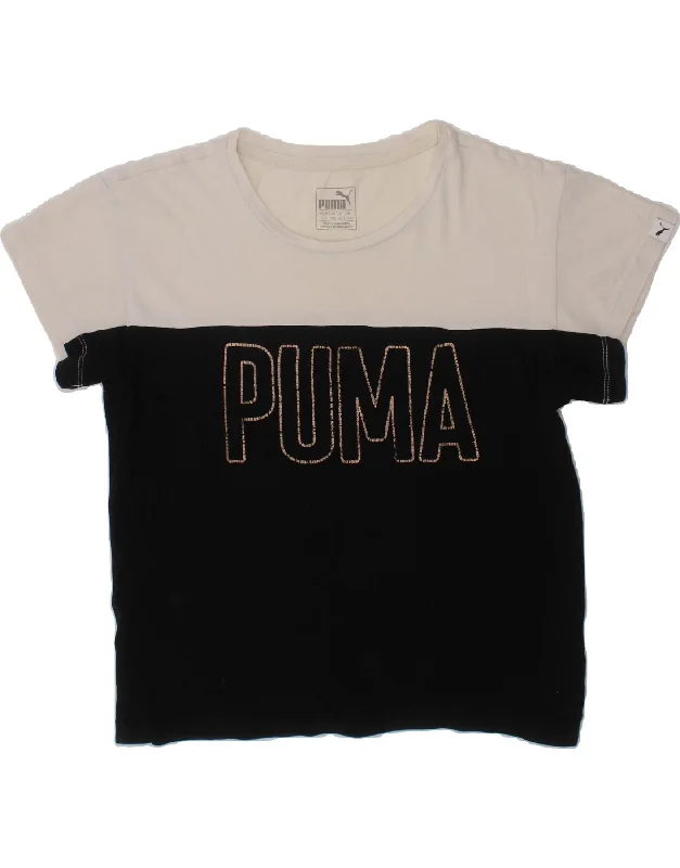 men's outdoor t-shirts -PUMA Girls Graphic T-Shirt Top 11-12 Years Large Black Colourblock Cotton