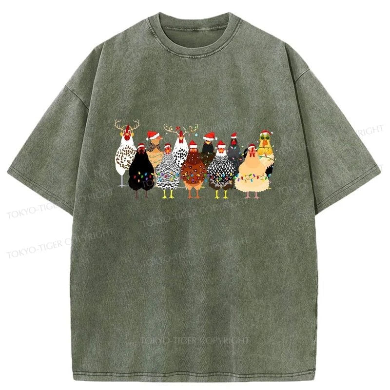 men's simple cotton t-shirts -Tokyo-Tiger A Flock Of Christmas Chickens Washed T-Shirt