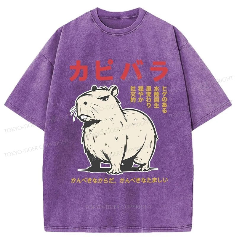 men's relaxed fit graphic t-shirts -Tokyo-Tiger Angry Capybara Japan Washed T-Shirt