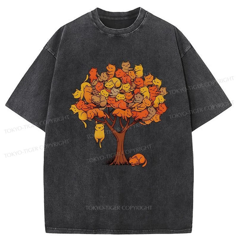 men's stylish t-shirts for casual wear -Tokyo-Tiger Autumn Kitten Tree Washed T-Shirt