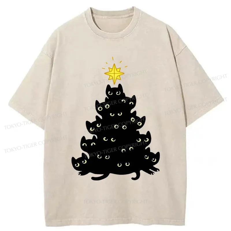 men's striped t-shirts -Tokyo-Tiger Black Cat Christmas Tree Washed T-Shirt