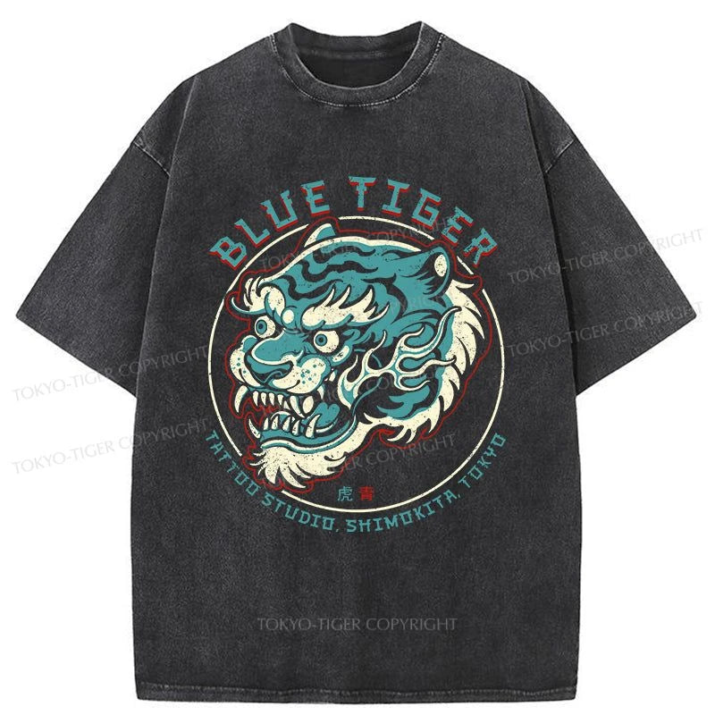 men's plain t-shirts -Tokyo-Tiger Blue Tiger Japanese Washed T-Shirt