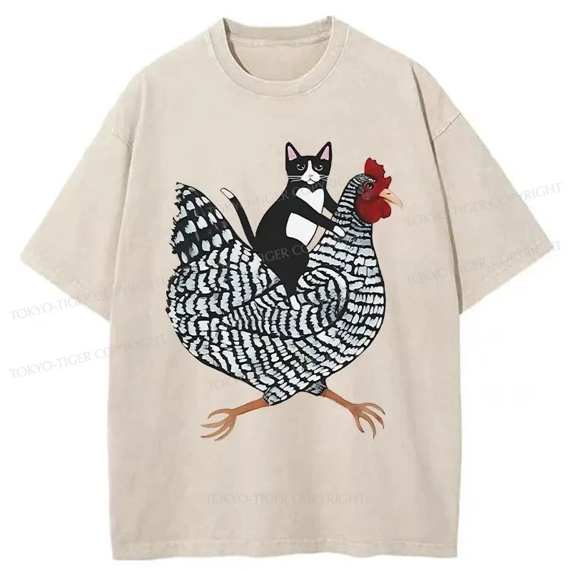 men's classic t-shirts -Tokyo-Tiger Cat Riding Chicken Funny Washed T-Shirt