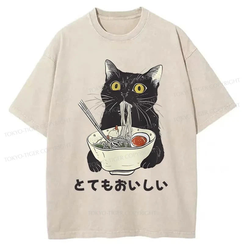 men's colorful graphic tees -Tokyo-Tiger Cats Eat Ramen Noodles Washed T-Shirt