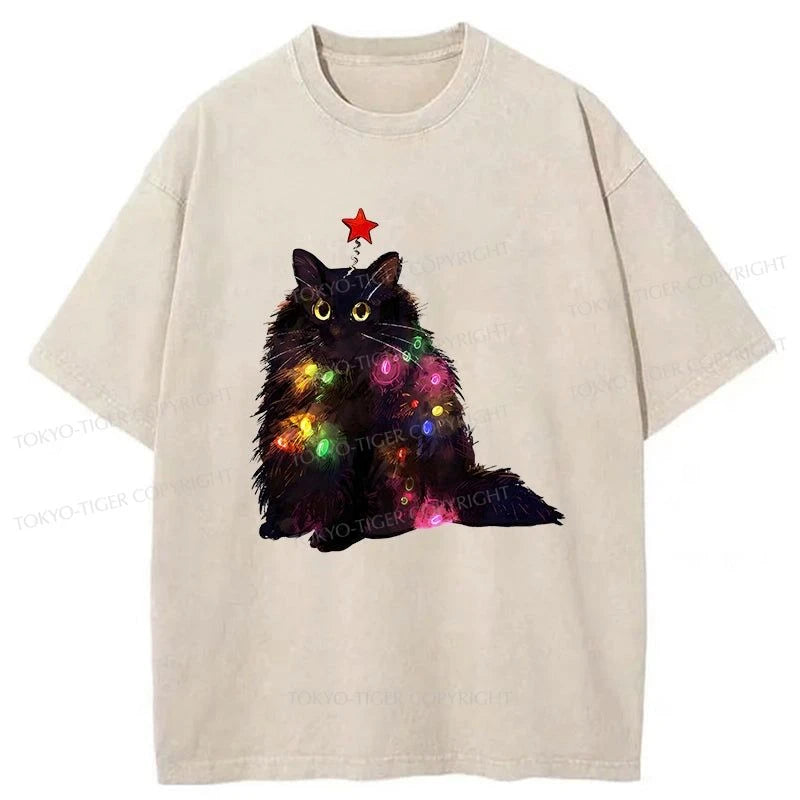 men's relaxed fit t-shirts -Tokyo-Tiger Christmas Lights Cat Washed T-Shirt