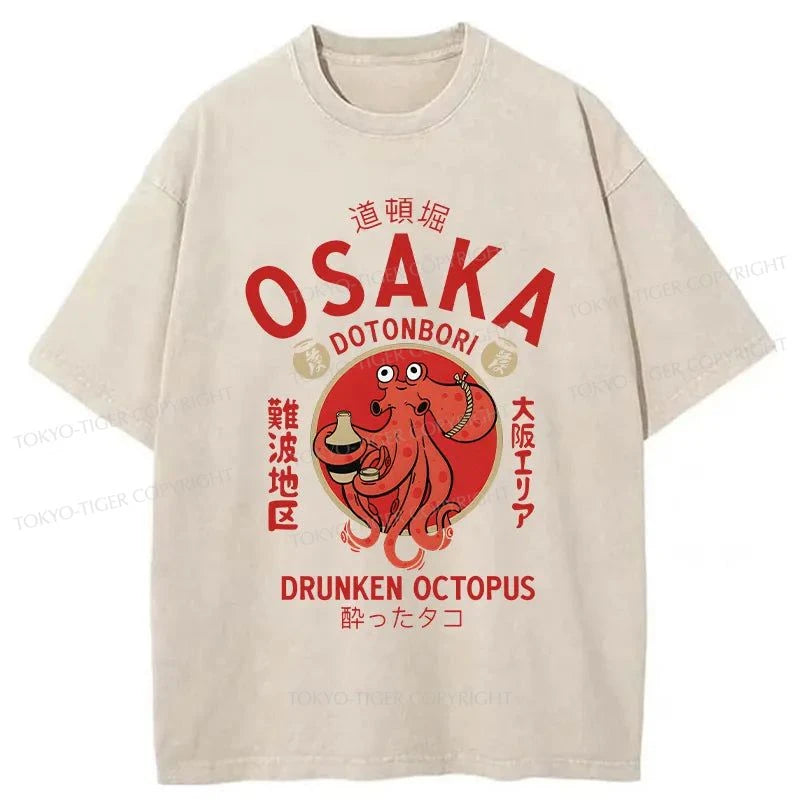 men's slim-fit plain t-shirts -Tokyo-Tiger Drunken Octopus Japan Washed T-Shirt