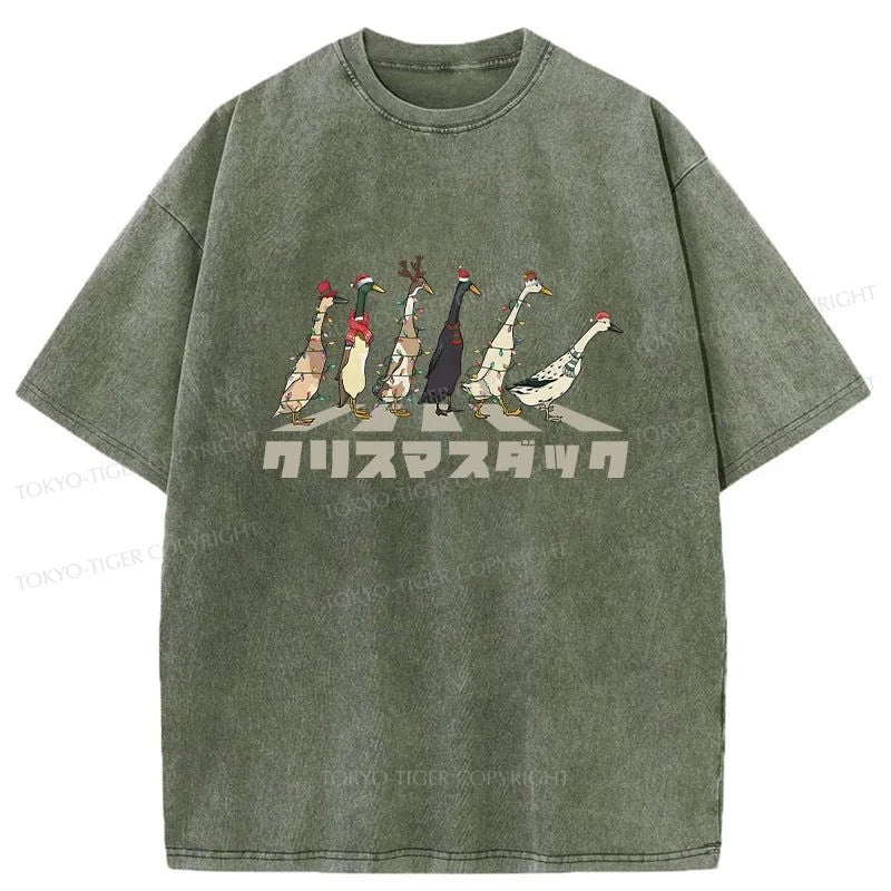 men's cotton-rich t-shirts -Tokyo-Tiger Funny Christmas Ducks Washed T-Shirt