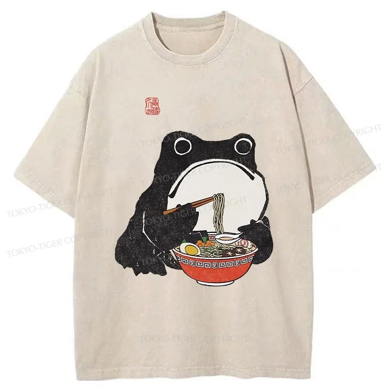 men's stylish t-shirts for casual wear -Tokyo-Tiger Funny Frog Eating Ramen Washed T-Shirt