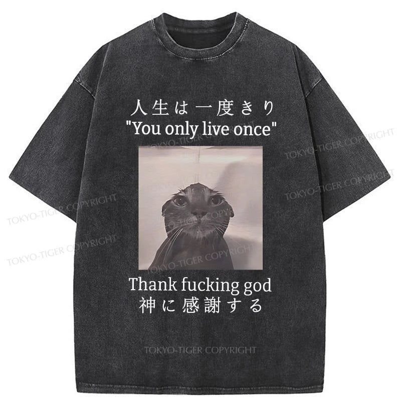 men's vintage print t-shirts -Tokyo-Tiger Funny Melancholy Cat Washed T-Shirt