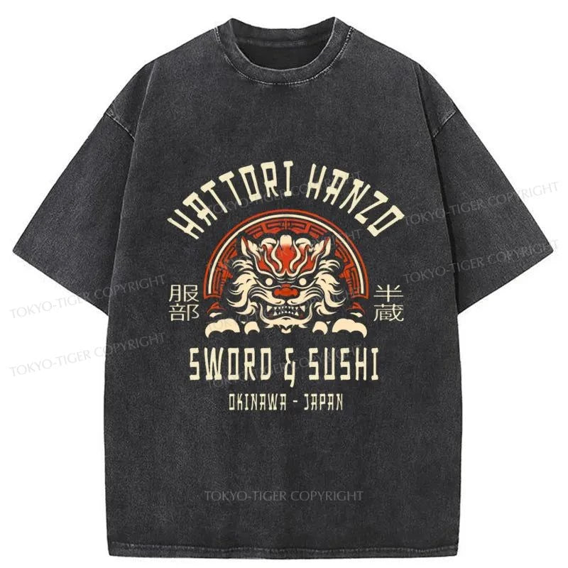 men's fun graphic print t-shirts -Tokyo-Tiger Hattori Hanzo Sword Washed T-Shirt