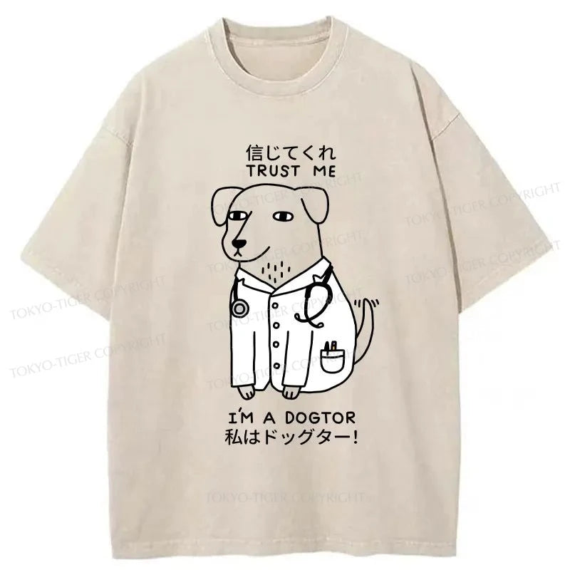 men's comfortable cotton t-shirts -Tokyo-Tiger I'm A Dogtor Funny Japan Washed T-Shirt