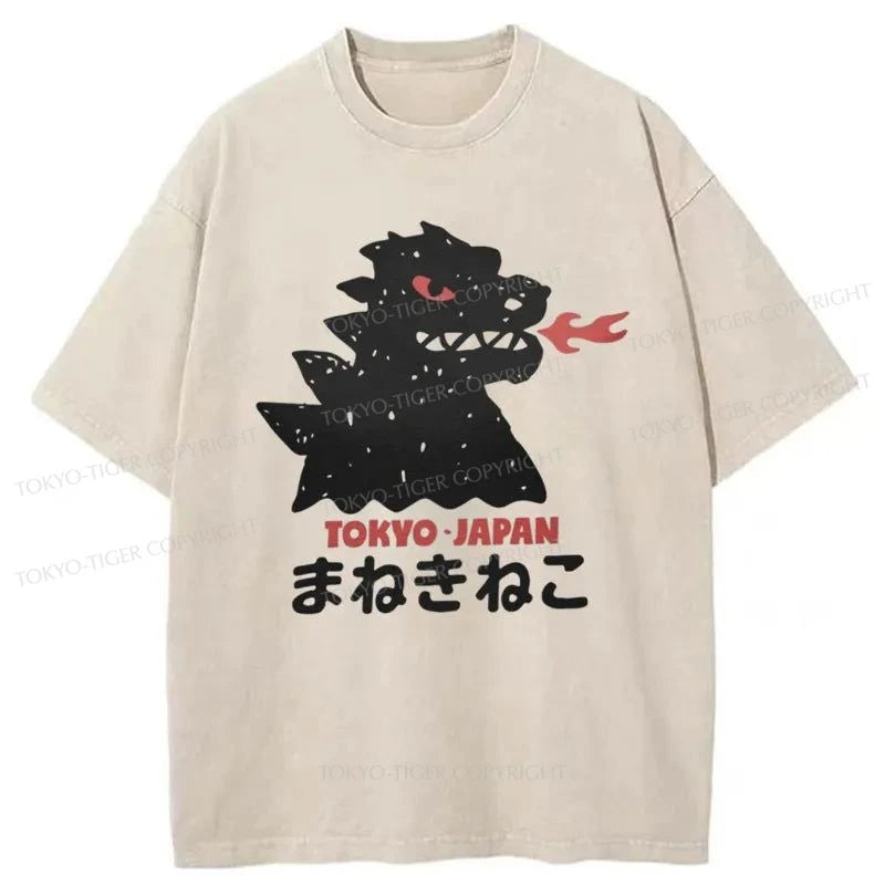 men's long sleeve t-shirts -Tokyo-Tiger Japanese Fortune Cat Washed T-Shirt