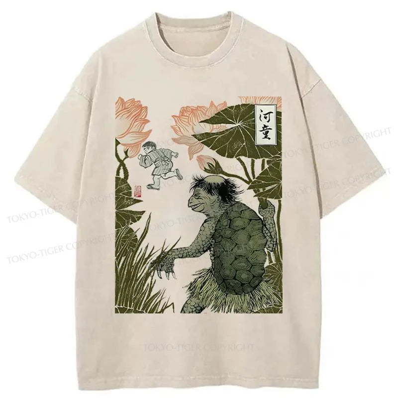 men's eco-friendly printed t-shirts -Tokyo-Tiger Japanese Monster Kappa Washed T-Shirt