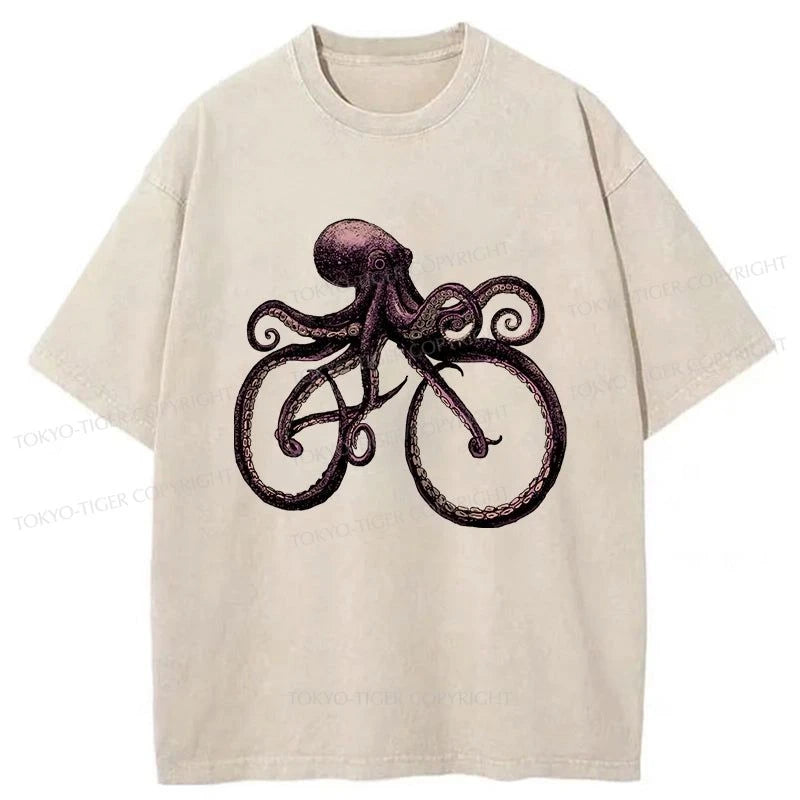 men's t-shirts with funny sayings -Tokyo-Tiger Japanese Octopus Bicycle Washed T-Shirt