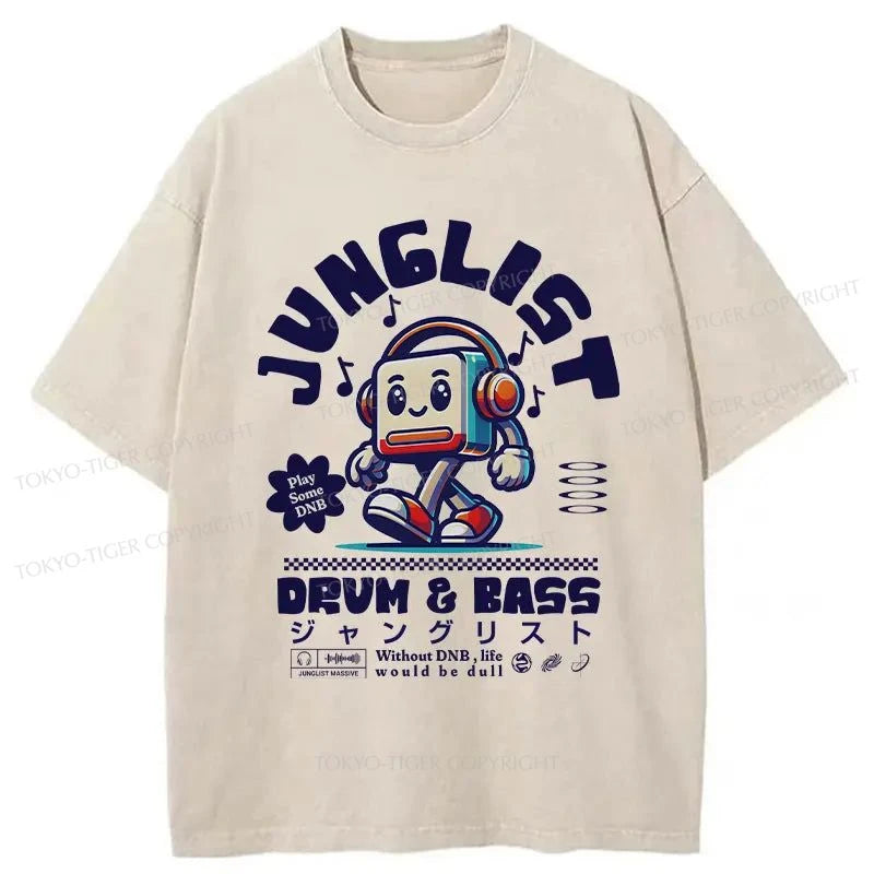 men's soft cotton crewneck t-shirts -Tokyo-Tiger Junglist DNB Japan Washed T-Shirt