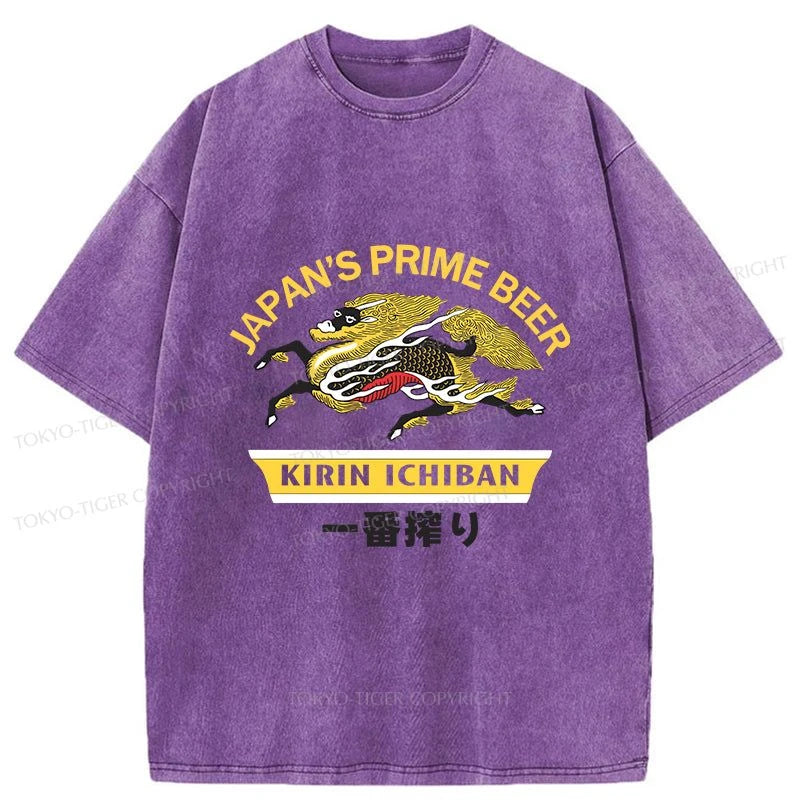 men's breathable cotton graphic t-shirts -Tokyo-Tiger Kirin Ichiban Beer Logo Japanese Washed T-Shirt