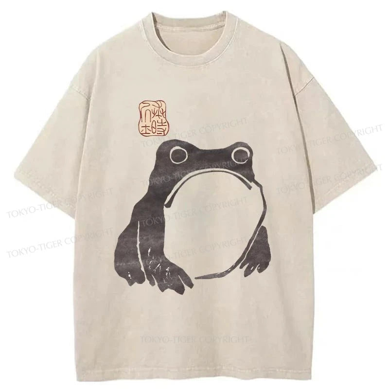 men's crewneck t-shirts -Tokyo-Tiger Matsumoto Hoji Woodblock Print Frog Washed T-Shirt