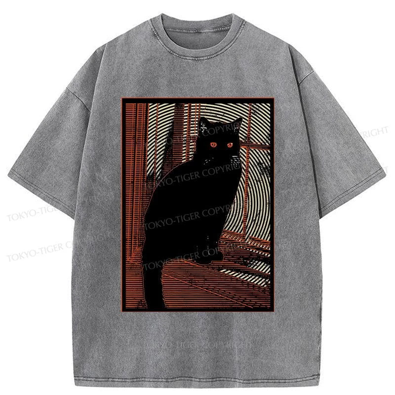 men's polo t-shirts -Tokyo-Tiger Mysterious Black Cat Washed T-Shirt