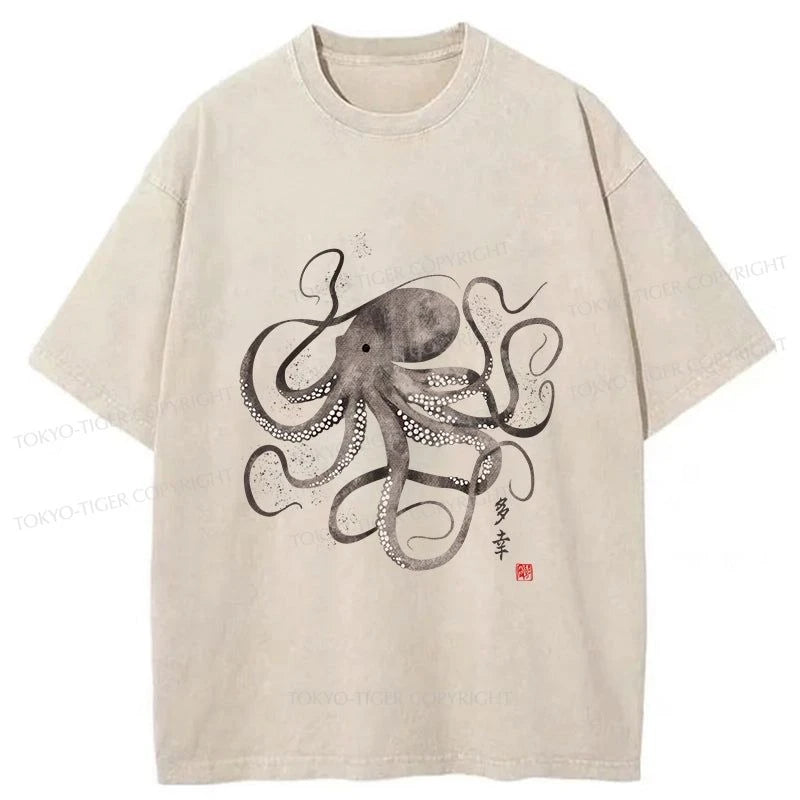 men's short-sleeve cotton t-shirts -Tokyo-Tiger Octopus Japanese Calligraphy Washed T-Shirt