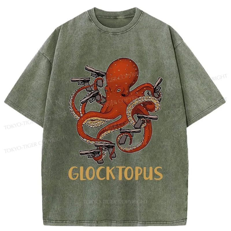 men's outdoor t-shirts -Tokyo-Tiger Octopus Omnidirectional Pistol Washed T-Shirt