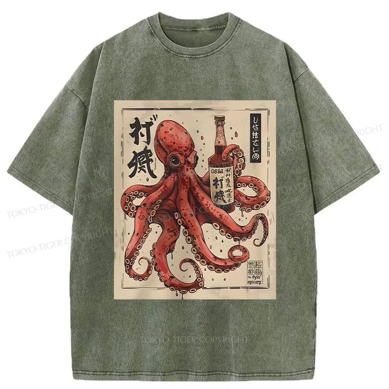 men's simple cotton t-shirts -Tokyo-Tiger Osaka Saké Octopus Washed T-Shirt