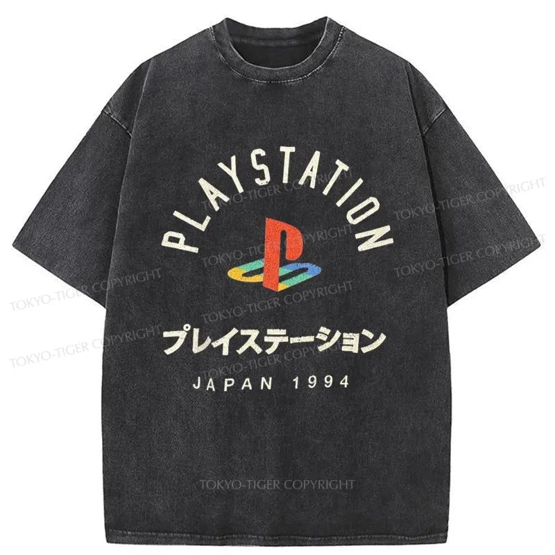 men's cotton t-shirts -Tokyo-Tiger PlayStation Logo Japan Washed T-Shirt