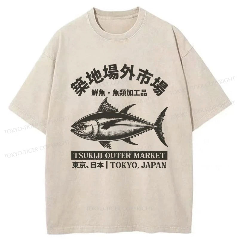 men's oversized graphic print t-shirts -Tokyo-Tiger Sakana Tsukiji Fish Market Washed T-Shirt