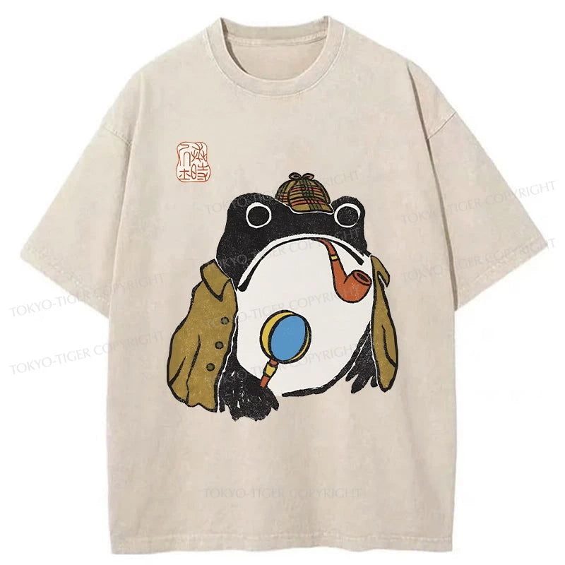 men's printed graphic t-shirts -Tokyo-Tiger Sherlock Holmes Frog Washed T-Shirt