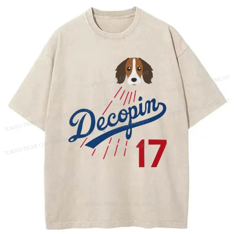 men's printed slogan t-shirts -Tokyo-Tiger Shohei Ohtani's Dog "Decopin (Decoy)" Washed T-Shirt