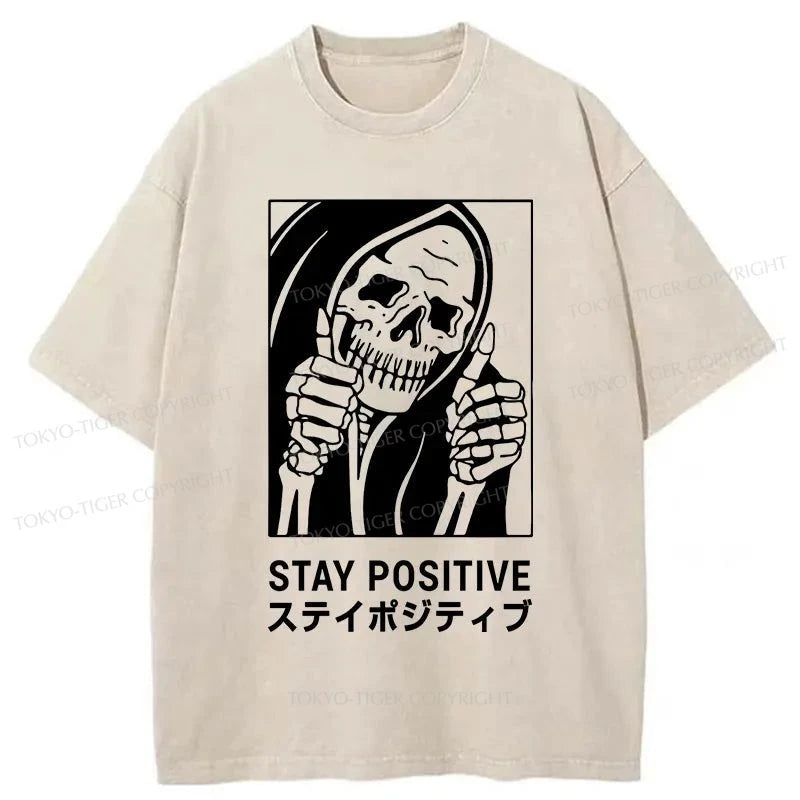 men's slim t-shirts -Tokyo-Tiger Stay Positive Skeleton Washed T-Shirt