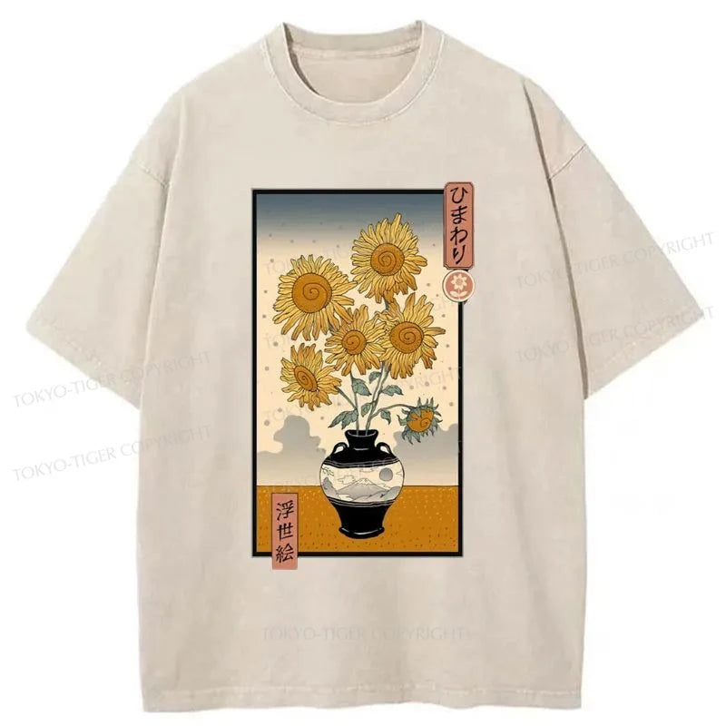 men's comfortable summer tees -Tokyo-Tiger Sunflowers Ukiyo-e Washed T-Shirt