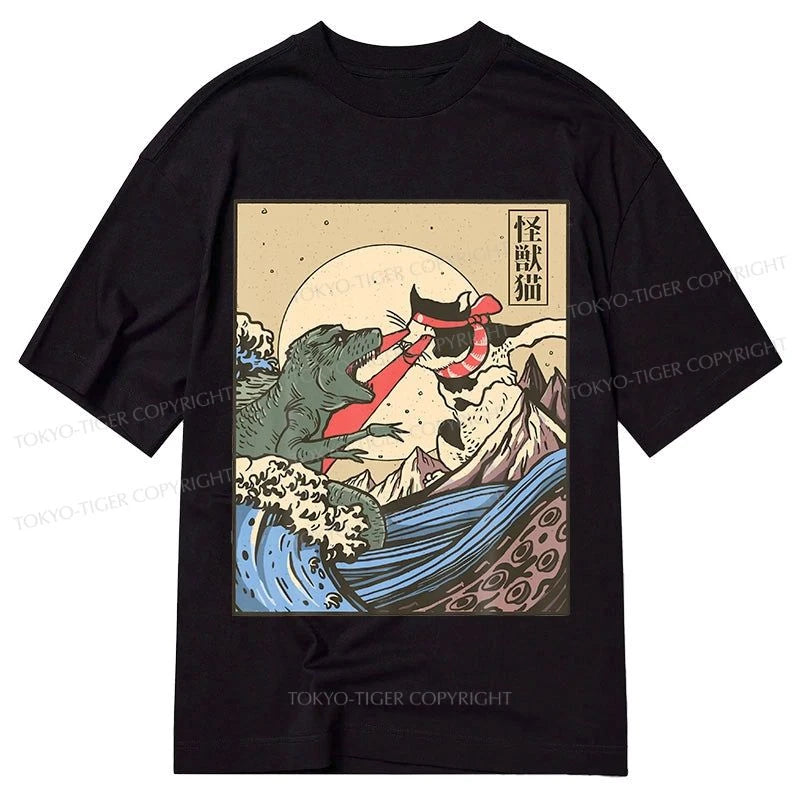 men's cotton t-shirts for summer -Tokyo-Tiger Vintage Retro Japanese Great Wave Cat VS Monster Classic T-Shirt