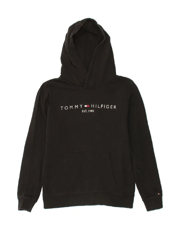 men's hoodie for layering in cold -TOMMY HILFIGER Boys Graphic Hoodie Jumper 11-12 Years Black Cotton