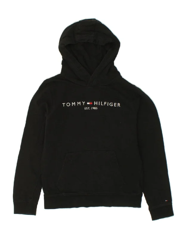 men's hoodie for chilly evenings -TOMMY HILFIGER Boys Graphic Hoodie Jumper 12-13 Years Black Cotton