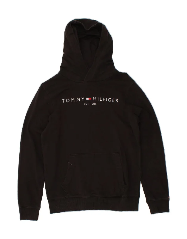 men's casual sweatshirts -TOMMY HILFIGER Boys Graphic Hoodie Jumper 13-14 Years Black Cotton