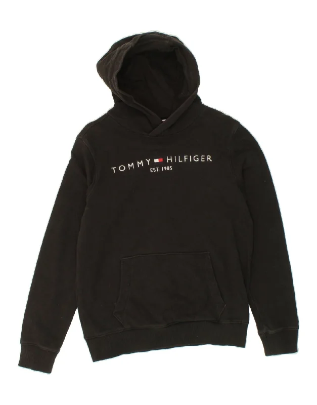 men's thick hoodies for winter -TOMMY HILFIGER Boys Graphic Hoodie Jumper 13-14 Years Black Cotton