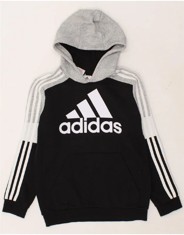 men's printed graphic sweatshirts -ADIDAS Boys Graphic Hoodie Jumper 11-12 Years Black Colourblock Cotton