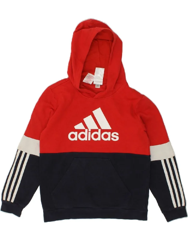 men's hoodie for chilly evenings -ADIDAS Boys Graphic Hoodie Jumper 11-12 Years Navy Blue Colourblock Cotton