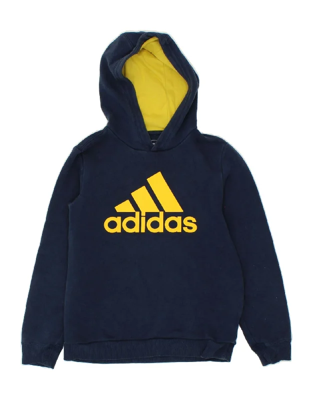 men's hoodie sweatshirt with hoods -ADIDAS Boys Graphic Hoodie Jumper 11-12 Years Navy Blue Cotton