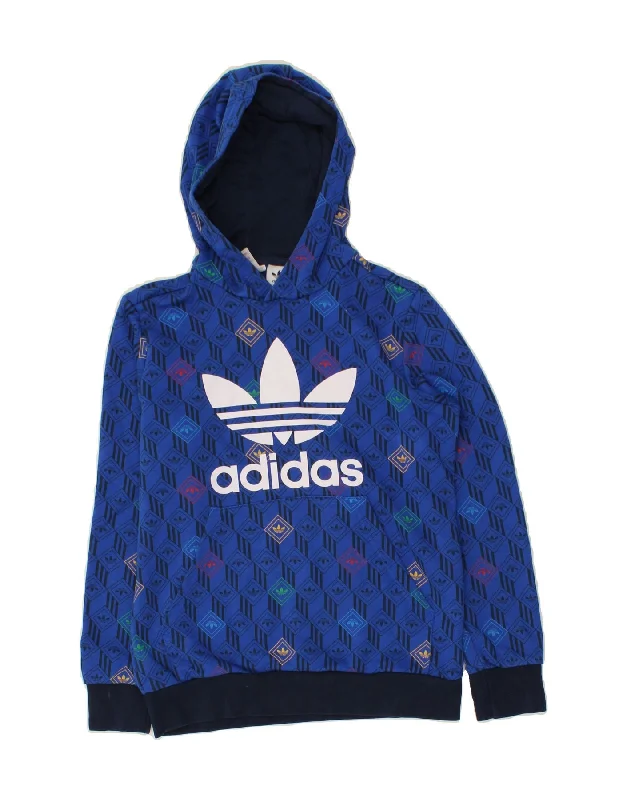 men's casual zip-up hoodies -ADIDAS Boys Graphic Hoodie Jumper 12-13 Years Blue Colourblock Cotton