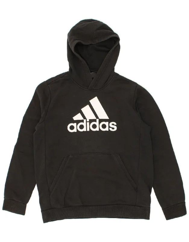 men's hoodie for exercise -ADIDAS Boys Graphic Hoodie Jumper 13-14 Years Black Cotton