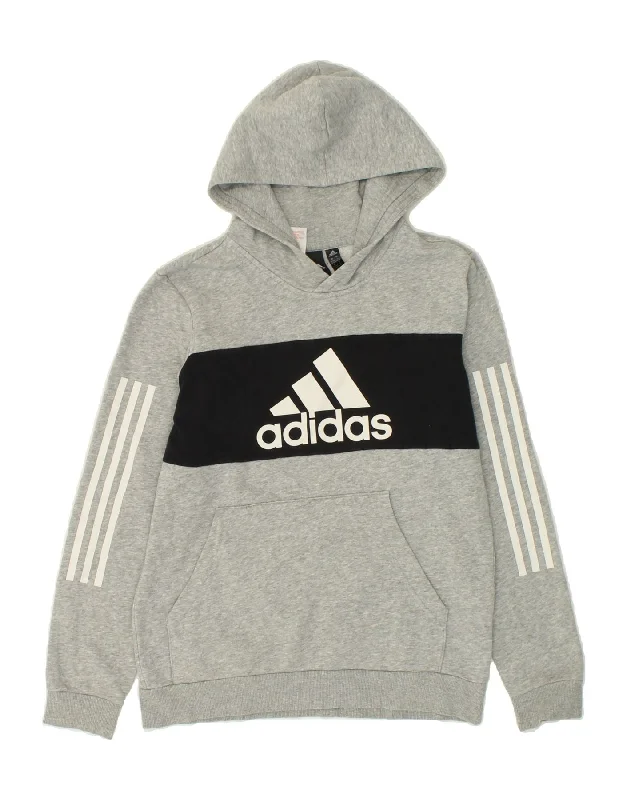 men's cotton hoodies -ADIDAS Boys Graphic Hoodie Jumper 13-14 Years Grey Colourblock Cotton