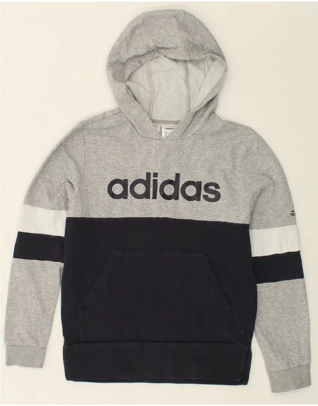 men's hoodie for outdoor wear -ADIDAS Boys Graphic Hoodie Jumper 13-14 Years Grey Colourblock Cotton