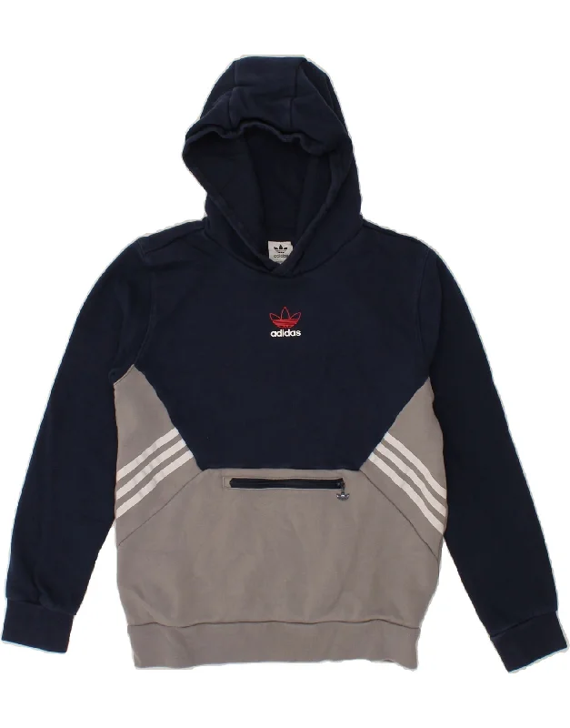 men's hoodies for winter -ADIDAS Boys Graphic Hoodie Jumper 13-14 Years Navy Blue Colourblock Cotton