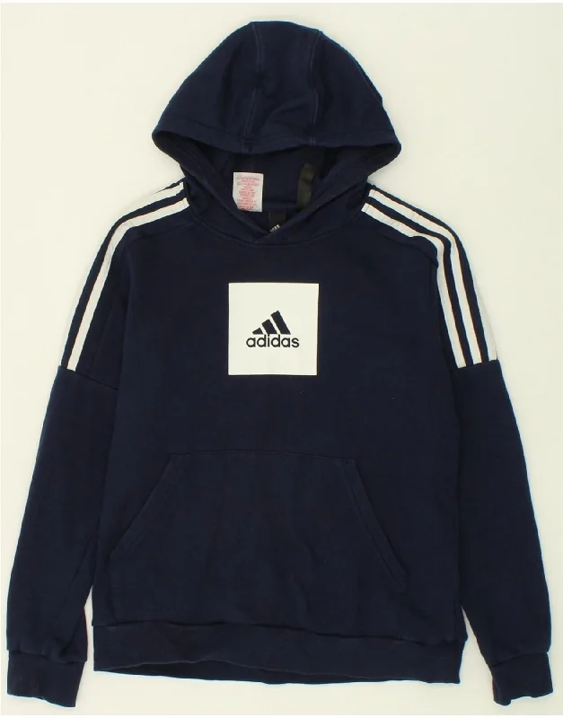 men's pullover hoodie with drawstrings -ADIDAS Boys Graphic Hoodie Jumper 13-14 Years Navy Blue Cotton