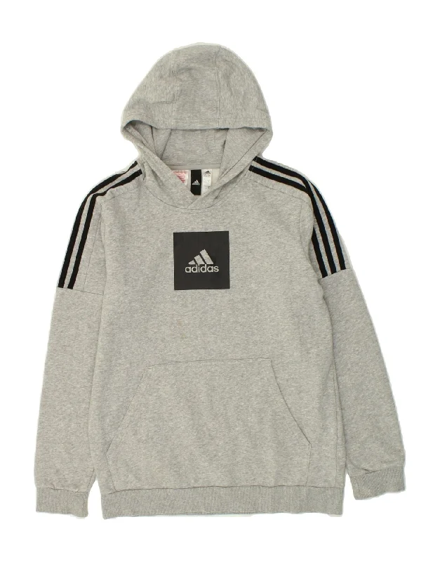 men's hoodie with zippered pockets -ADIDAS Boys Graphic Hoodie Jumper 15-16 Years Grey Cotton