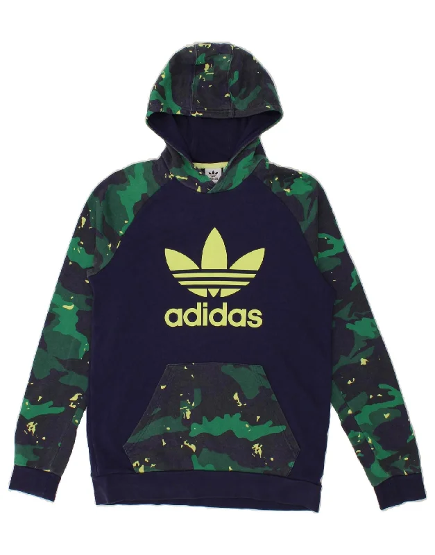 men's long sleeve hoodies -ADIDAS Boys Graphic Hoodie Jumper 15-16 Years Navy Blue Camouflage Cotton